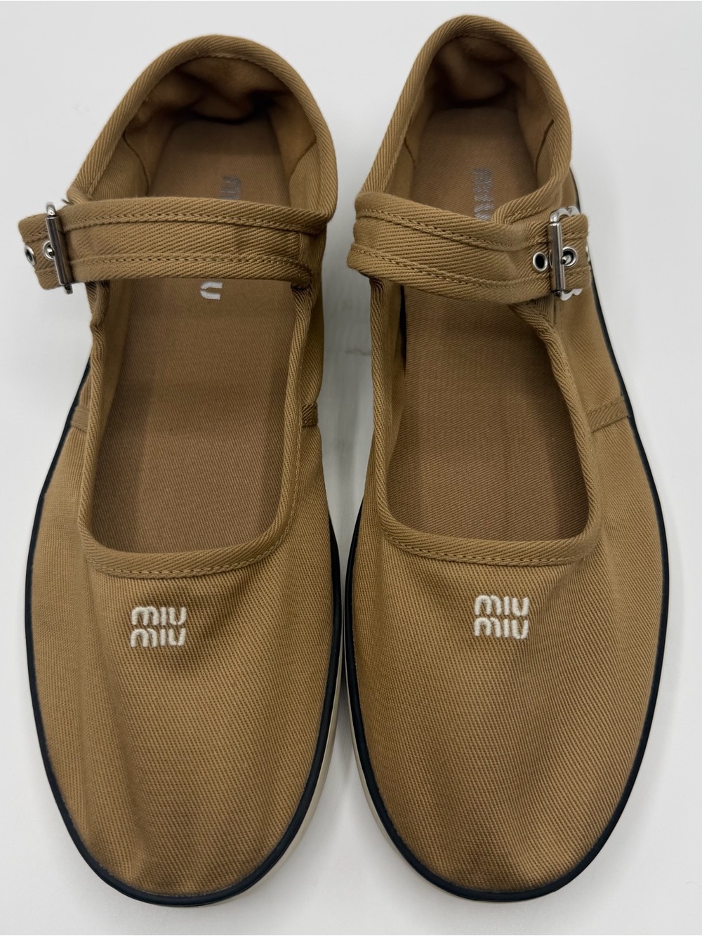 NIB Miu Miu Mary Jane Logo Drill Ballerina Ballet Strap Cotton Flats EU 40